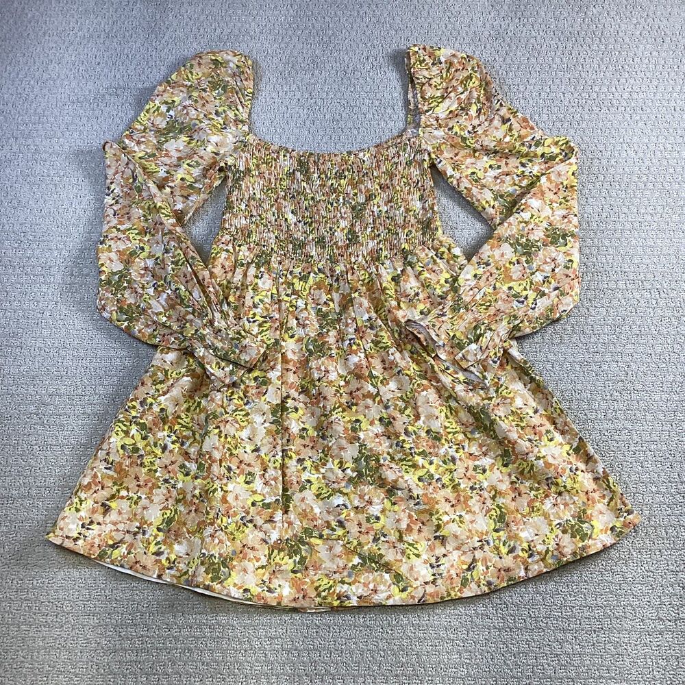 Girl and the Sun Floral Smocked Square Neck‎ Long Sleeve Mini Dress XS